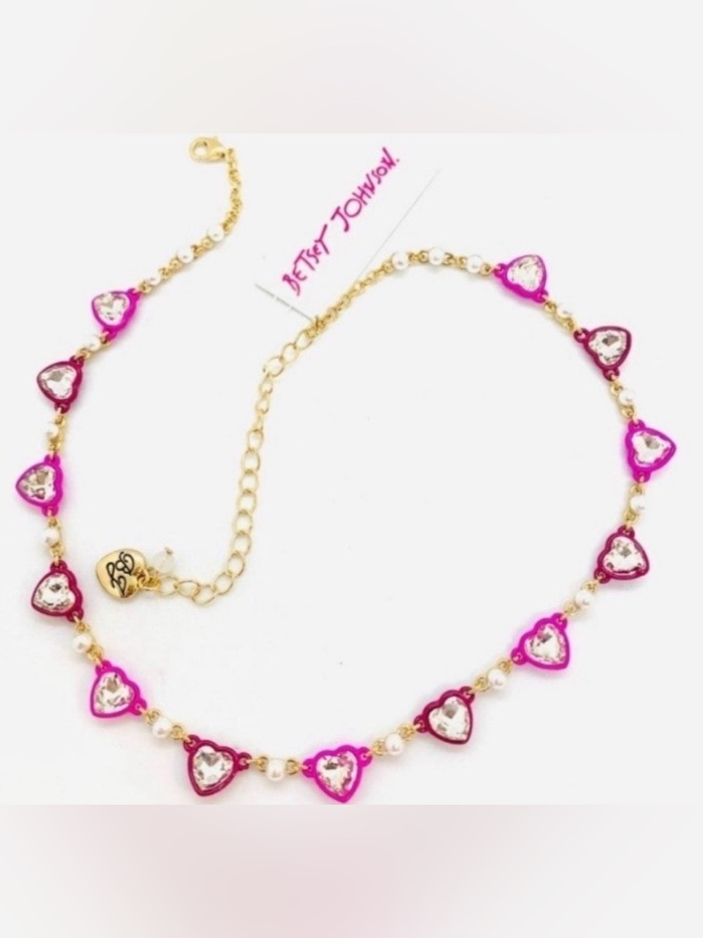 BETSEY JOHNSON Valentine Multi-Heart Pink & Red Crystal-Studded Necklace NEW NWT